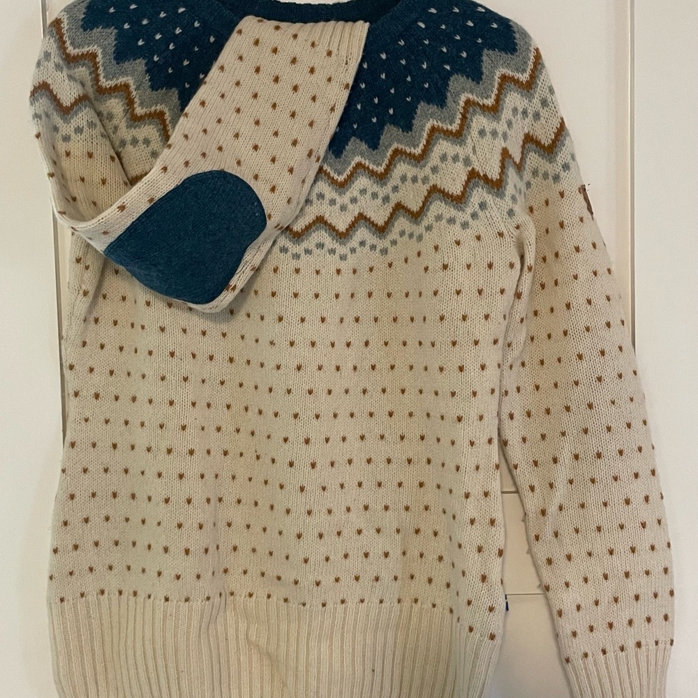 Fjallraven Cream Fair Isle Wool Crewneck Sweater with Blue and Brown Accents - Picture 2 of 6